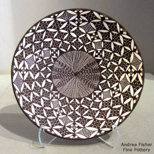 Fine line and swirl geometric design on a black and white plate