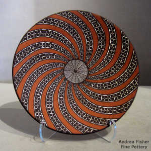 Fine line and swirl geometric design on a polychrome plate