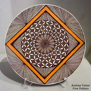 Fine line and geometric design on a polychrome plate