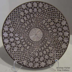 Fine line and swirl geometric design on a black and white plate