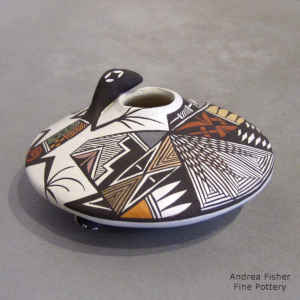 Lady bug, butterfly, fine line and geometric design on a polychrome seed pot