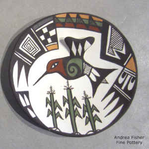 Hummingbird, corn plants and geometric design on a miniature polychrome plate