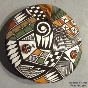 Fine line, lady bug, shard and geometric design on a polychrome seed pot