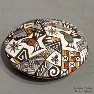 Shard, lady bug, hummingbirds and geometric design on a polychrome seed pot