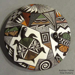 Turtle, fine line and geometric design on a polychrome seed pot