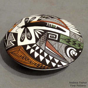 Lady bug, dragonfly, fine line and geometric design on a polychrome seed pot