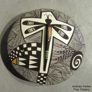 Dragonfly, shard and geometric design on a polychrome seed pot