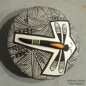 Dragonfly and fine line design on a miniature polychrome seedpot that was fired outdoors