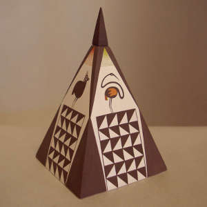 Click to see a larger version Mimbres bird and geometric designs on a lidded polychrome pyramid