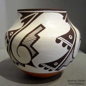 Bird element, kiva step, rain and geometric design on a polychrome jar