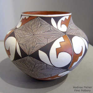 Snowflake fine line and geometric design on a polychrome jar