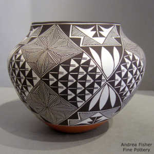 Black and white fine line snowflake, rain, step and geometric design on a polychrome jar