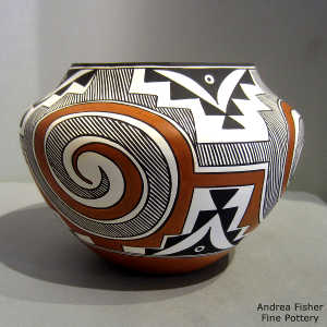 Rain, kiva step, Tularosa spiral and geometric design on a polychrome jar