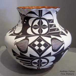 Black and white bird element, rain, checkerboard, medallion and geometric design on a polychrome jar