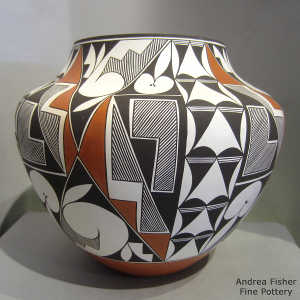Rain, cloud, kiva step and geometric design on a polychrome jar