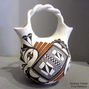 Kiva step, cloud, rain, bird element and geometric design on a polychrome wedding vase