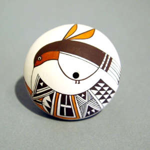 Hummingbird and geometric design on a polychrome seed pot