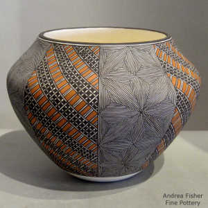Fine line and geometric design on a polychrome jar