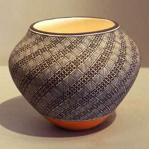 Fine line and spiral geometric design on a polychrome jar