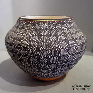 Fine line and geometric design on a polychrome jar