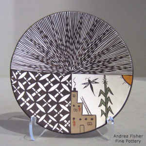 Pueblo, dragonfly, corn plant, fine line and geometric design on a polychrome plate