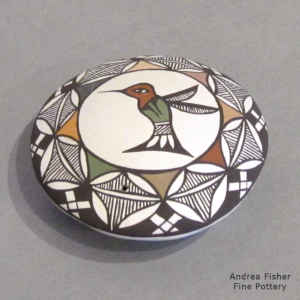 Hummingbird, lady bug and geometric design on a miniature polychrome seed pot