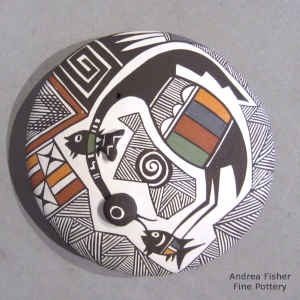 Cloudeater, fish, fine line and geometric design on a miniature polychrome seed pot