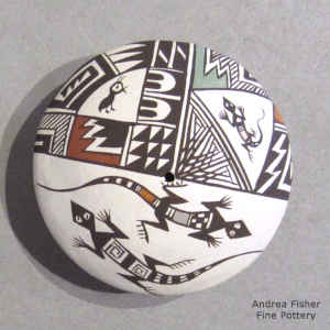 Lizard, quail and geometric design on a miniature polychrome seed pot