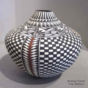 Checkerboard and geometric design on a polychrome jar