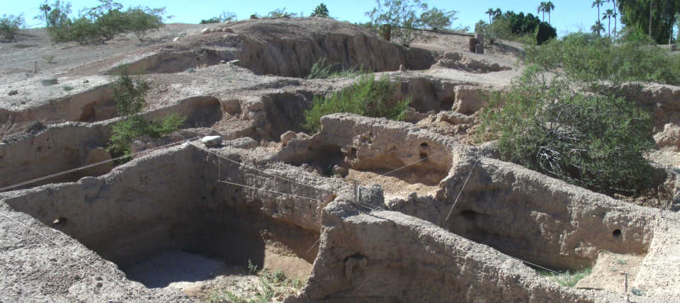Stone and mud foundations of a Hohokam ruin at Mesa Grande in Mesa, Arizona