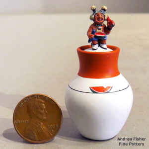 Polychrome miniature jar with a watermelon design and koshare on the lid