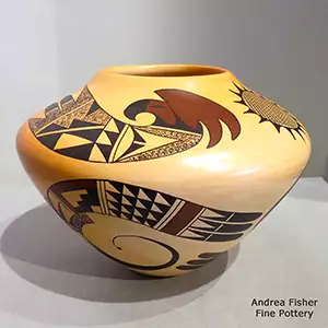 Polychrome ssed pot with a bird element and geometric design