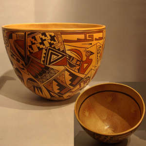 Bird elements and geometric designs on a polychrome bowl
