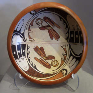 Bird elements and geometric designs on a polychrome bowl