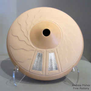 Buff seed pot with a Sterling silver Shifting Sands design inlay on a Shifting Sands carved surface