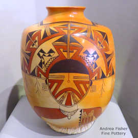 Pahlik Mana, bird element and geometric design on a polychrome jar