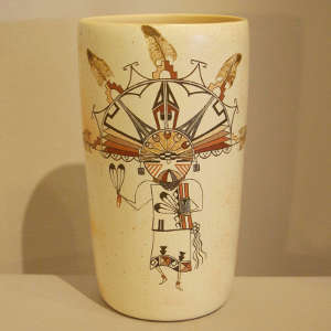 Katsina dancer design on a polychrome whiteware cylinder