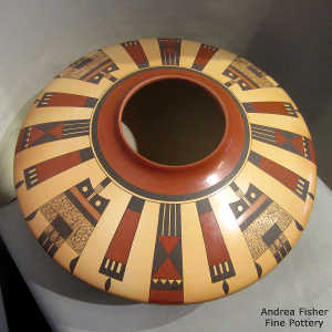 Bird element and geometric design on a polychrome low-shouldered yellow ware jar