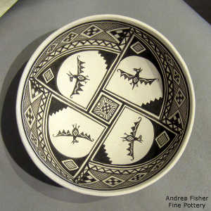 Mimbres bat, rain, checkerboard and geometric design on a black and white bowl