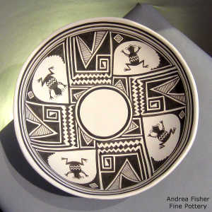 Mimbres frog, shard and geometric design inside a black and white bowl