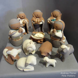 Thirteen pieces in a nativity set