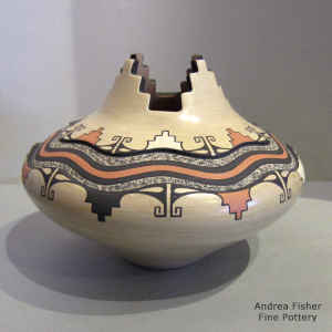 Polychrome prayer jar decorated with a kiva step opening and carved and painted band of geometric design
