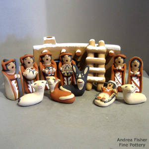 Thirteen pieces in a nativity set