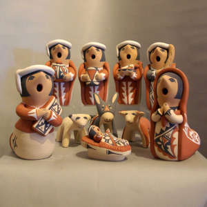 Ten figures in a nativity scene