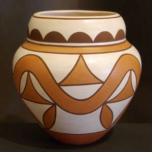 Rainbow, cloud and geometric design on a polychrome jar