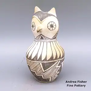 A black-on-white owl figure with a bird element, fine line, feather and geometric design