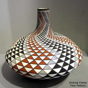 Swirl step geometric design on a polychrome tall neck jar