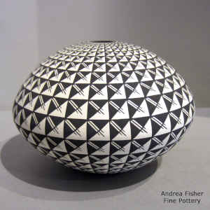 Spiral mesa and geometric design on a black and white seed pot