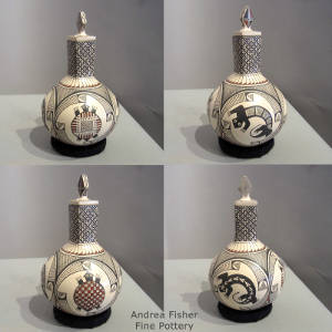 Turtle, feather, lizard and geometric designs on a tall, square-necked jar