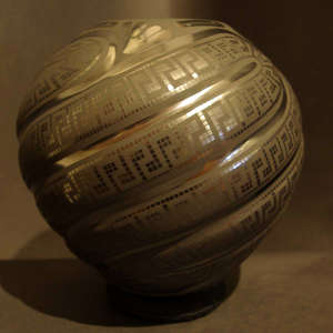 Geometric designs on a black on black ribbed jar